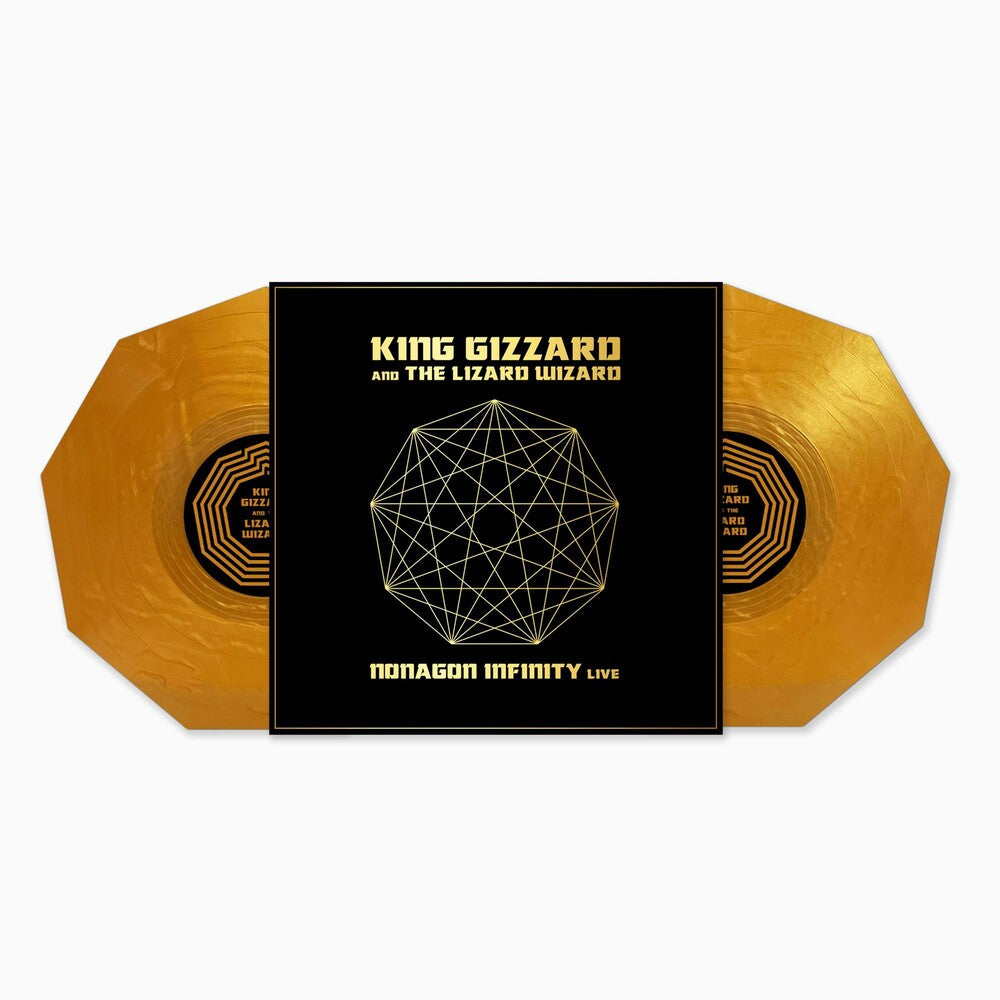 the album cover for King Gizzard &amp; The Lizard Wizard - Nonagon Infinity Live [2 LP Gold Nugget Nonagon-Shaped]