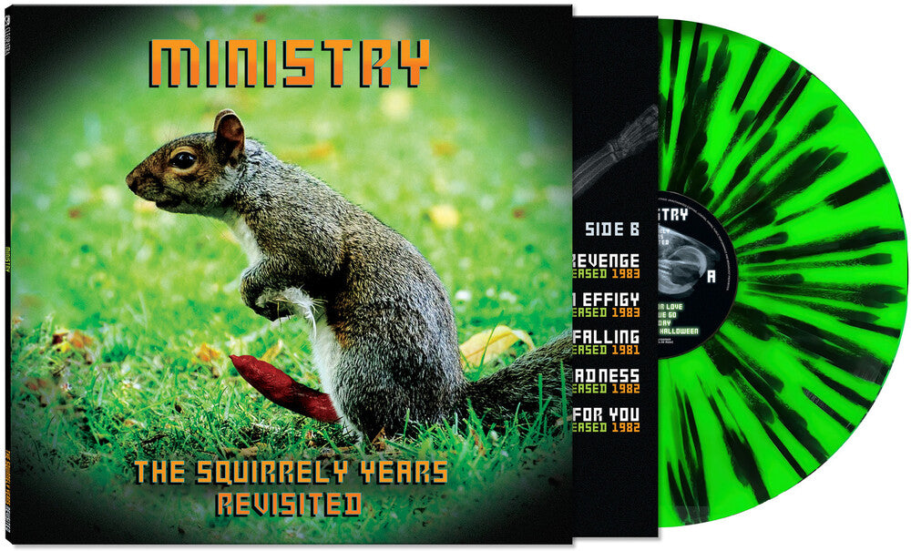 the album cover for Ministry - The Squirrely Years Revisited [LP Limited Edition Green &amp; Black Splatter Vinyl]