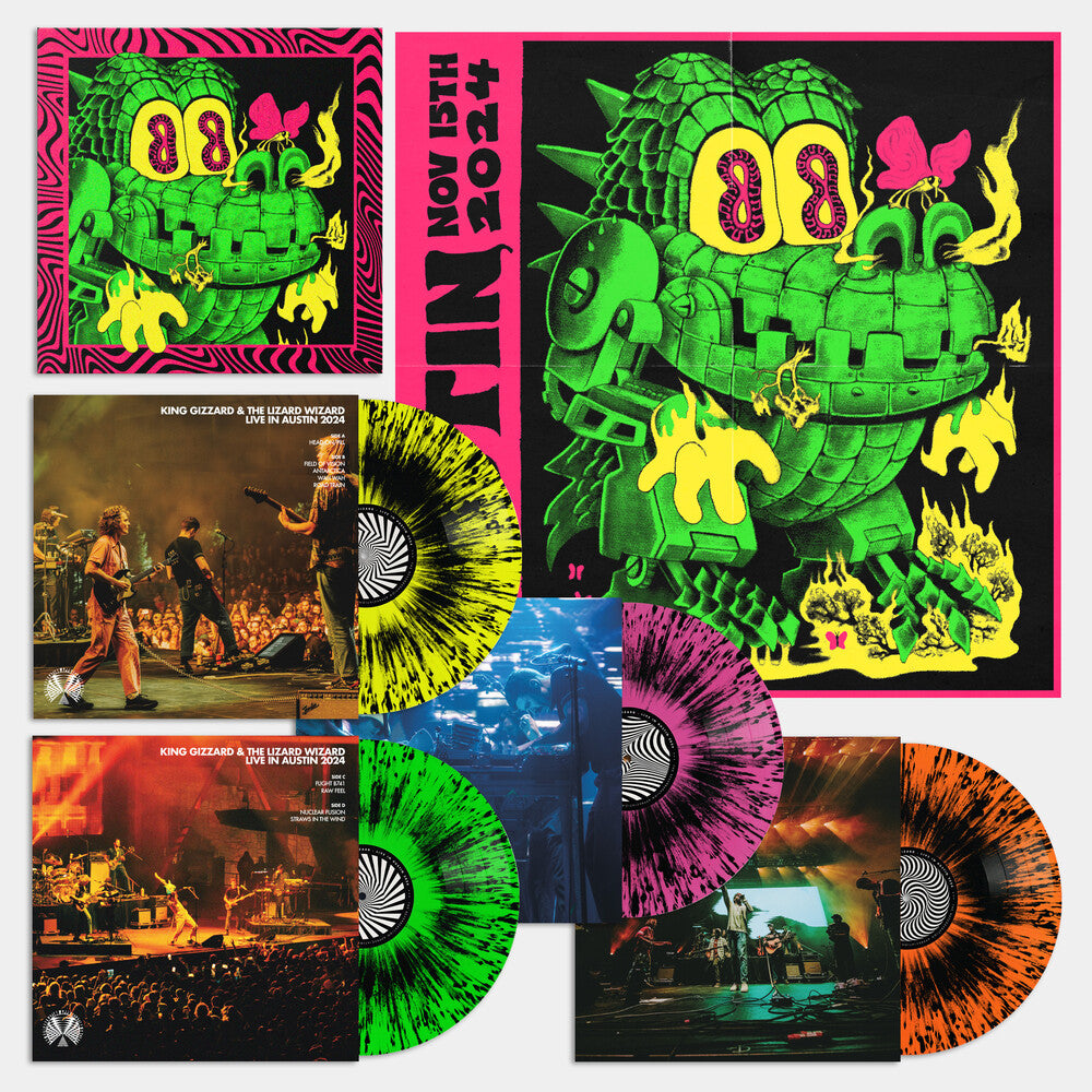 the album cover for King Gizzard & The Lizard Wizard - KING GIZZARD - LIVE IN AUSTIN '24 [ 4LP Neon Colors Vinyl w/ Black Splatter]