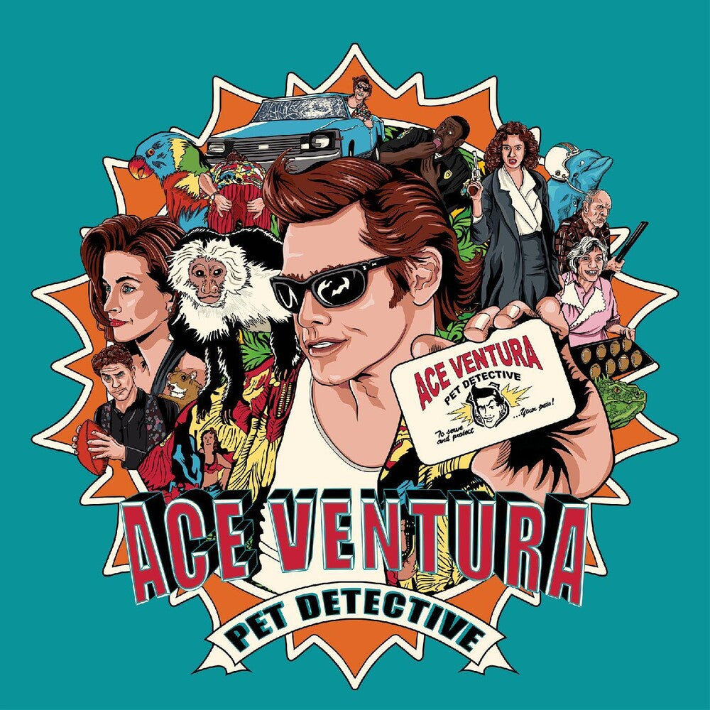 the album cover for Various Artists - Ace Ventura: Pet Detective Ost (turquoise & Orange Split W/ Red Splatter Vinyl) [Indie Exclusive]